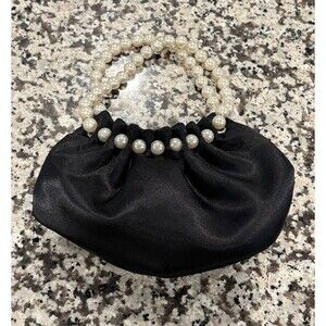 Faux Pearl Beads Embellished Handles On Mini Satin Handheld Cutch Purse